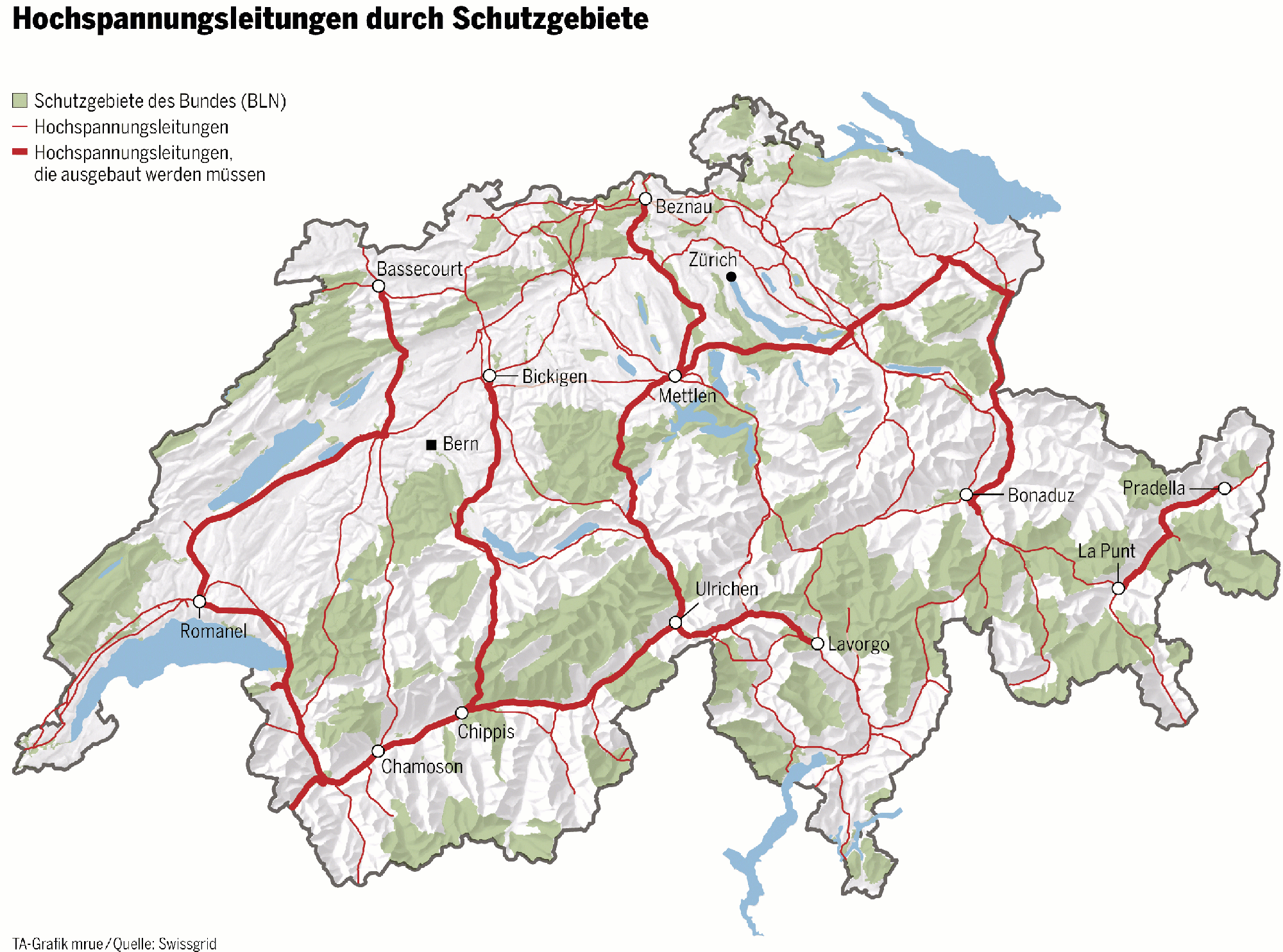 HSUB einige kritische Hochspannungsleitungen in der Schweiz